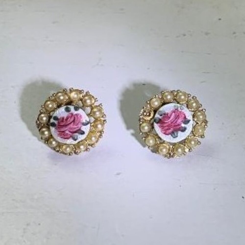 Vintage Guilloche Enamel Round Rose Faux Pearl Gold Tone Screw Back